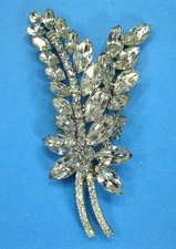 Unmarked JULIANA Clear Glass Rhinestone Double Leaf Brooch Pin 3.75" READ