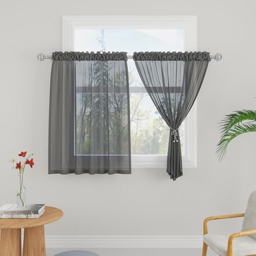 Dack Grey Sheer Tiers Curtains Set Semi Light Filtering Rod Pocket Short - Picture 2 of 6