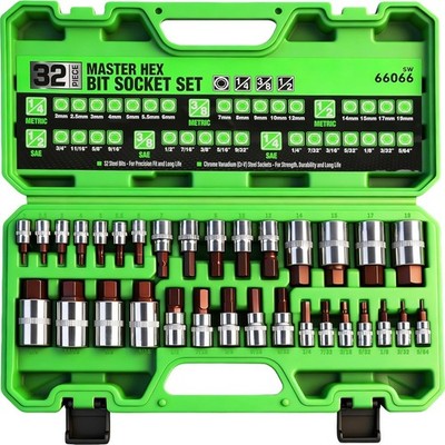 Hex Bit Socket Set 32 Piece SAE and Metric 1/4 3/8 1/2 Drive S2 Chrome Vanadium