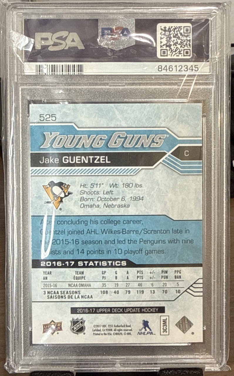 2016-17 Upper Deck Jake Guentzel Young Guns PSA 9  #525 UD Update - Penguins view 2