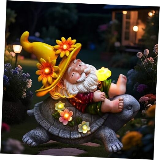 Garden Gnomes Outdoor Decor: Funny Sunflower with Solar Gnome Sitting on Turtle