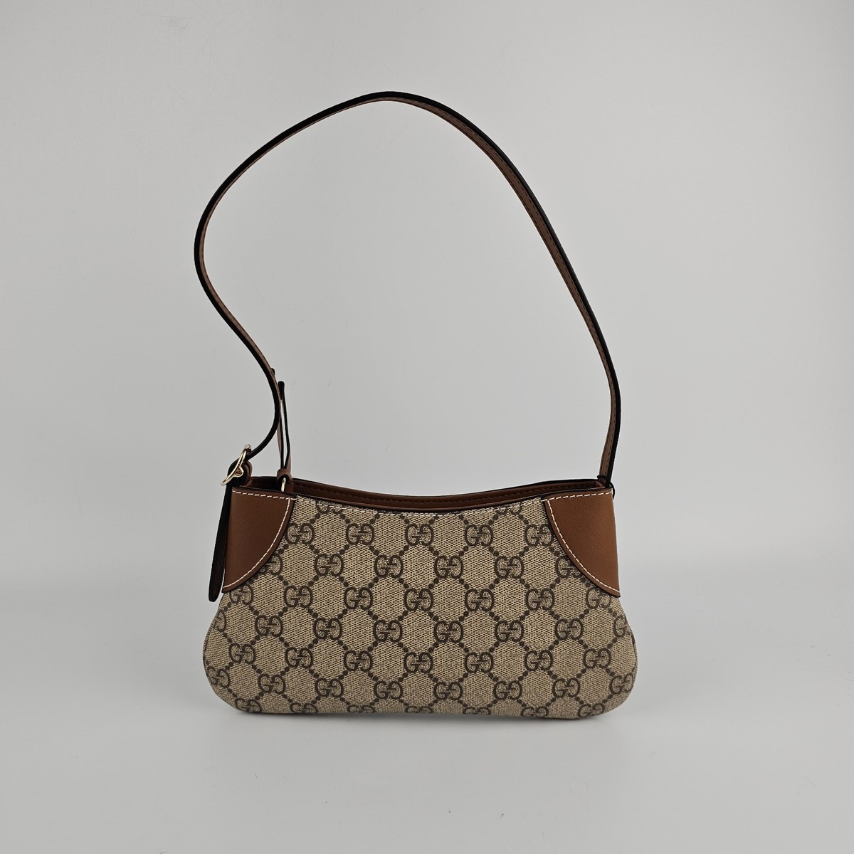 GUCCI GG Emblem Small $1410 Beige And Dark Brown Fabric Shoulder