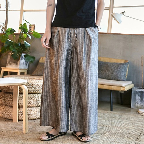 Pantalones Capri De Colección Para Hombre Lino Corte Suelto Pierna Ancha Rayas Kimono Pantalones Largos - Imagen 6 de 16