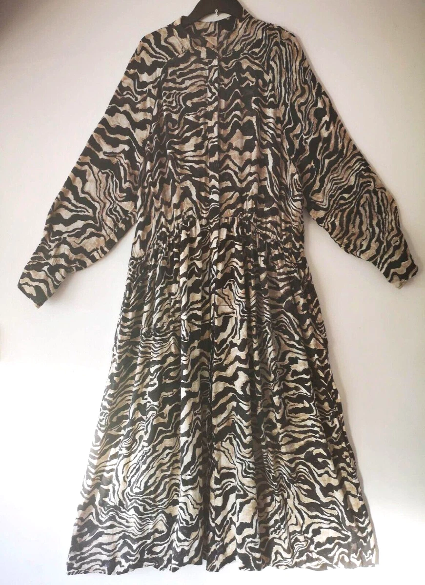 H&M Black Beige Animal Zebra Print Button Front Chiffon Midi Dress 