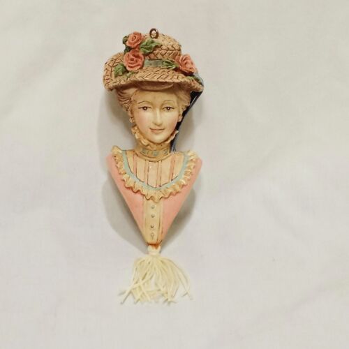 Lady Head Bust Christmas Ornament Pink Rose Tassels Victorian Style 6" Straw Hat - Picture 1 of 5