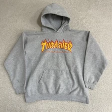 Thrasher Hoodie Mens Medium Gray Flames Pullover Fleece Skateboard Sweater Y2K