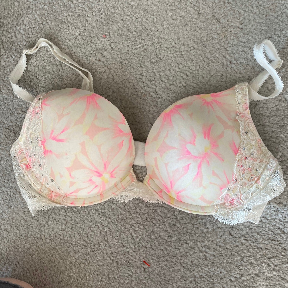 Soutien-gorge Victoria's Secret Rose Et Blanc à Fleurs, Taille 32C - Push-up - Occasion Très Bon état