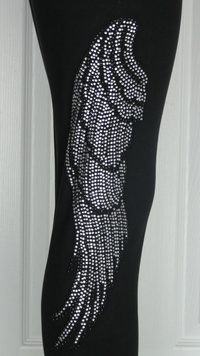 Regular Black Leggings Embellished Black & Crystal Rhinestone Angel Wings