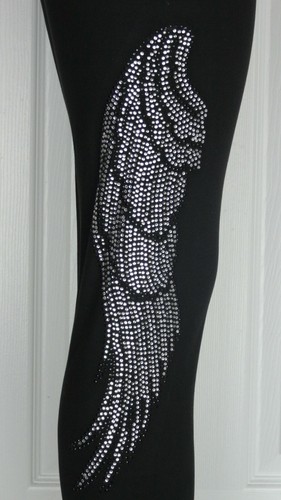 Regular Black Leggings Embellished Black & Crystal Rhinestone Angel Wings - Picture 3 of 7