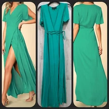 LULUS Much Obliged Green Wrap Maxi Dress**Split Flutter Sleeves Size SMALL**NWOT