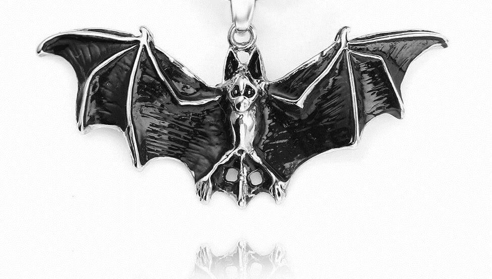 Grande Ciondolo Pipistrello Nero Halloween &ndash; Argento Sterling 925, Collana Uomo Donna 20 Pollici