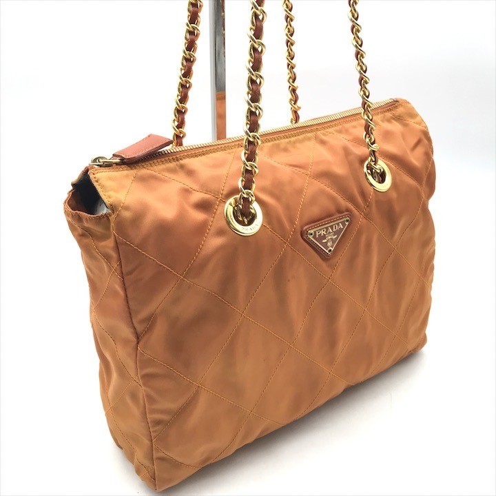 Good Condition PRADA Triangle Logo Nylon Tessuto Chain Shoulder Tote Bag Orange thumbnail 2