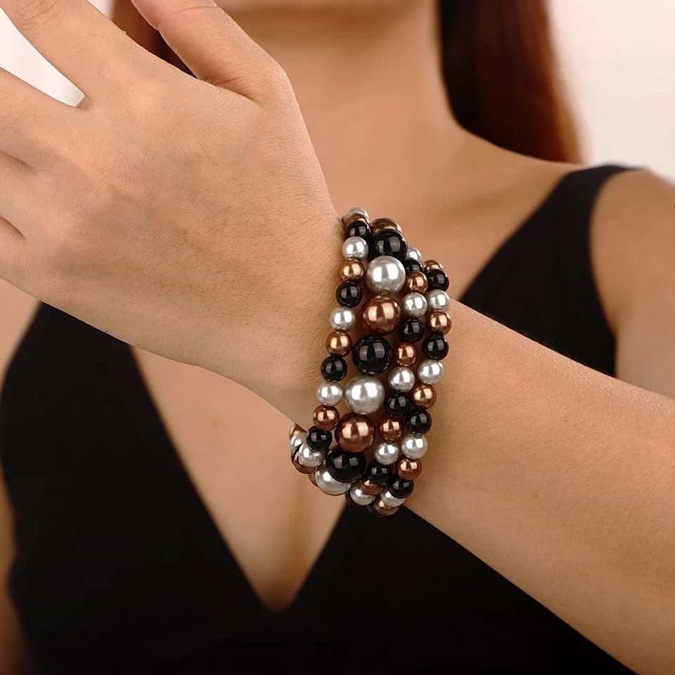 Juego de 4 brazaletes elásticos elásticos con cuentas negras cristalinas para mujer Foto 3 de 4