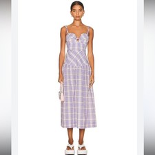 GANNI Seersucker Check Midi Dress Plaid Purple Midi Dress Size 44