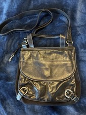 Fossil Lizette Black Leather Canvas Messenger Bag Crossbody Purse w/ Key EUC