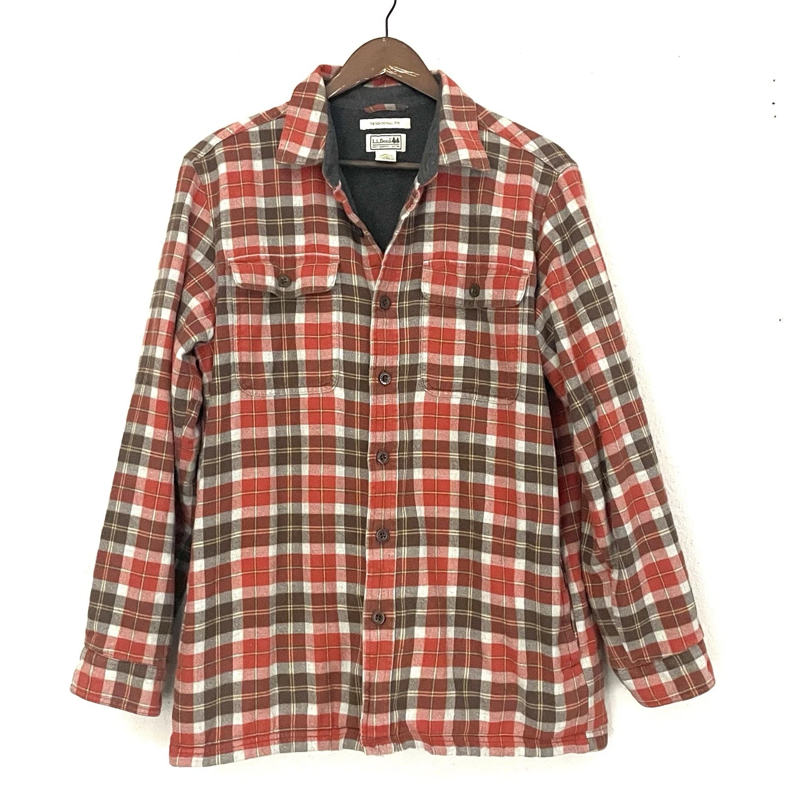 L.L.Bean Men’s M Traditional Fit Plaid Lined Flannel Shirt Jacket Orange