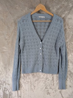 Oasis Cardigan UK 8 Blue Crochet Pointelle Knit V-Neck Long Sleeve Button Up