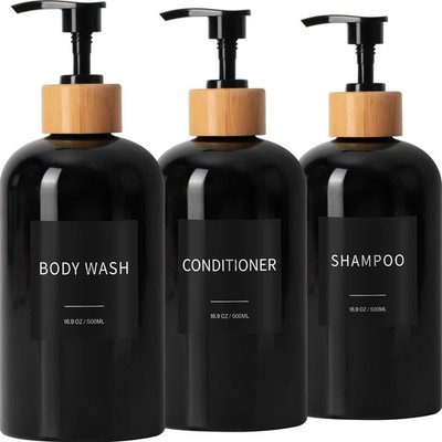 Shampoo Pump Bottles Set, Empty Body Wash Dispenser, 3 Pack, 16.9oz, Black