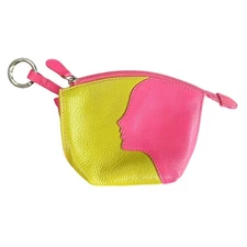 ILI Leather- mini keychain wallet pouch- green hot pink- lady silhouette- zips