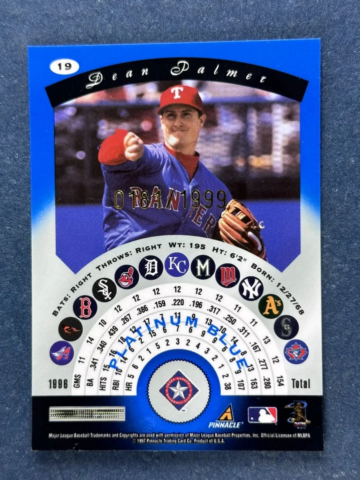 1997 Pinnacle Totally Certified Platinum Blue Dean Palmer Rangers /1999 - Image 2 of 2