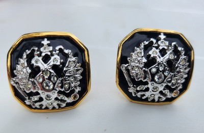 Joan Rivers Black Silver Double Headed Eagle Clip on Earrings Signed 1'' x 1''