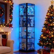 Gurexl Corner Display Cabinet with Glass Doors , Curio Cabinet with LED Lights
