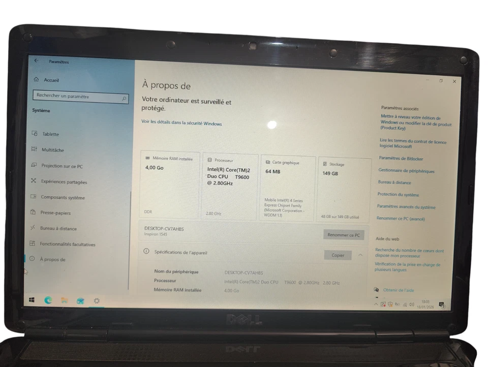 Dell Inspiron 1545 15,6" Core 2 Duo T9600 4 Go RAM HDD 160 Go Office 365 - Photo 2/4