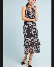 Anthropologie Shoshanna Midnight Dress 4 Dominick Lace Ruffle Mesh Black Floral