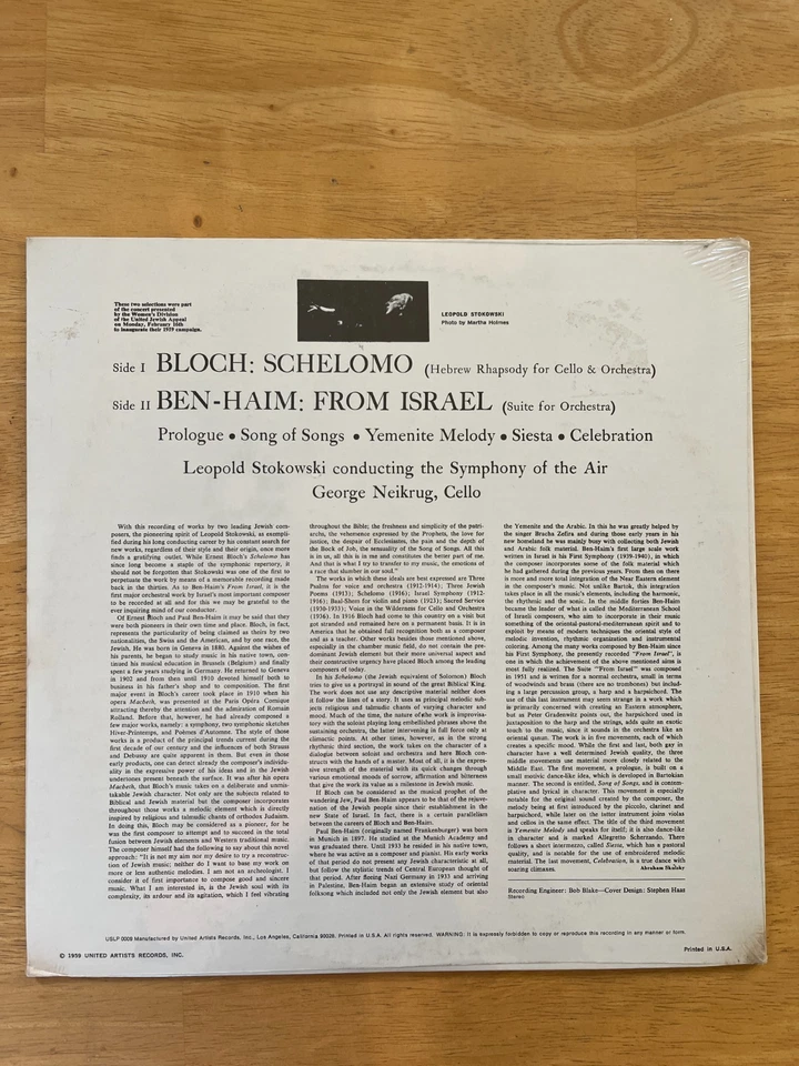 BLOCH Schelomo BEN-HAIM From Israel NEIKRUG STOKOWSKI Stereo LP Sealed MINT - Image 2 of 2