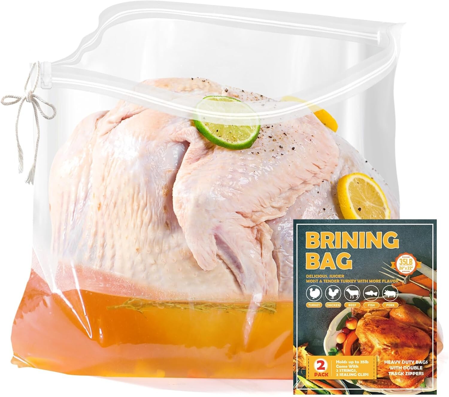 Premium Turkey Brine Bags 2 Pack XL 26 X 22 35Lbs Double Zip Strings & Clips New