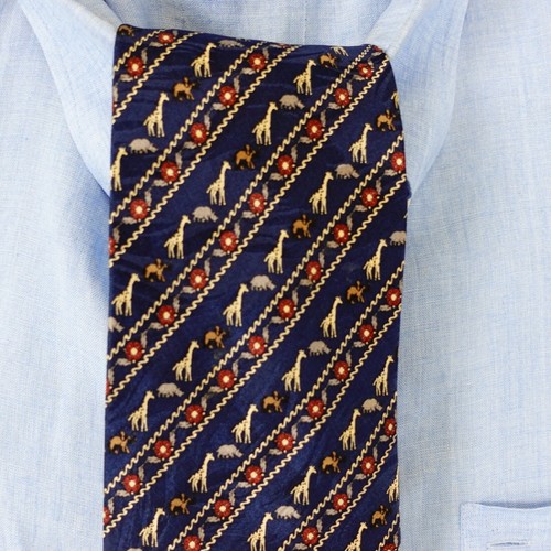Blue Neck Tie Mens Woven Silk Rhino Giraffe Africa Animal BELLE DE JOUR Paris - Picture 2 of 10