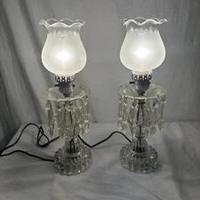 2 VTG MCM Hollywood Regency Boudoir Table Lamps Glass Metal Lucite Prisms A Pair