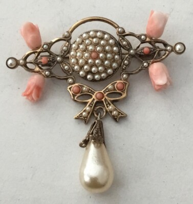 Alcozer and J. Signed Faux Coral Pearl Dangle Brooch VTG Estate Pin