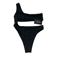Pretty Little Thing Black One Shoulder Cut Out Swimsuit size 8 Medium monokini