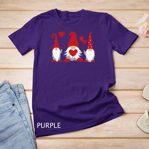 Three Cute Gnomes Holding Hearts Valentines Boys Girls Kids Unisex T-shirt - Picture 9 of 15