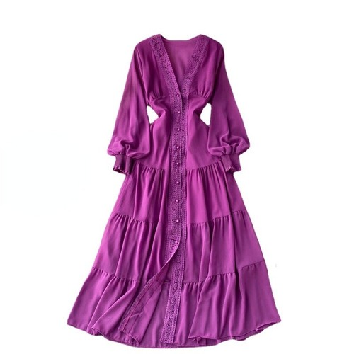 Ladies Midi Dress Long Puff Sleeve Lace V-neck Button Boho Hippie Summer Dress - Picture 4 of 19