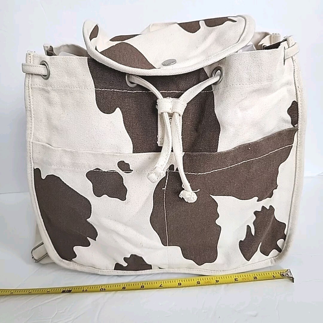 Baggu Canvas Backpack Purse Fabric Bag Cow Print Drawstring  display picture 3