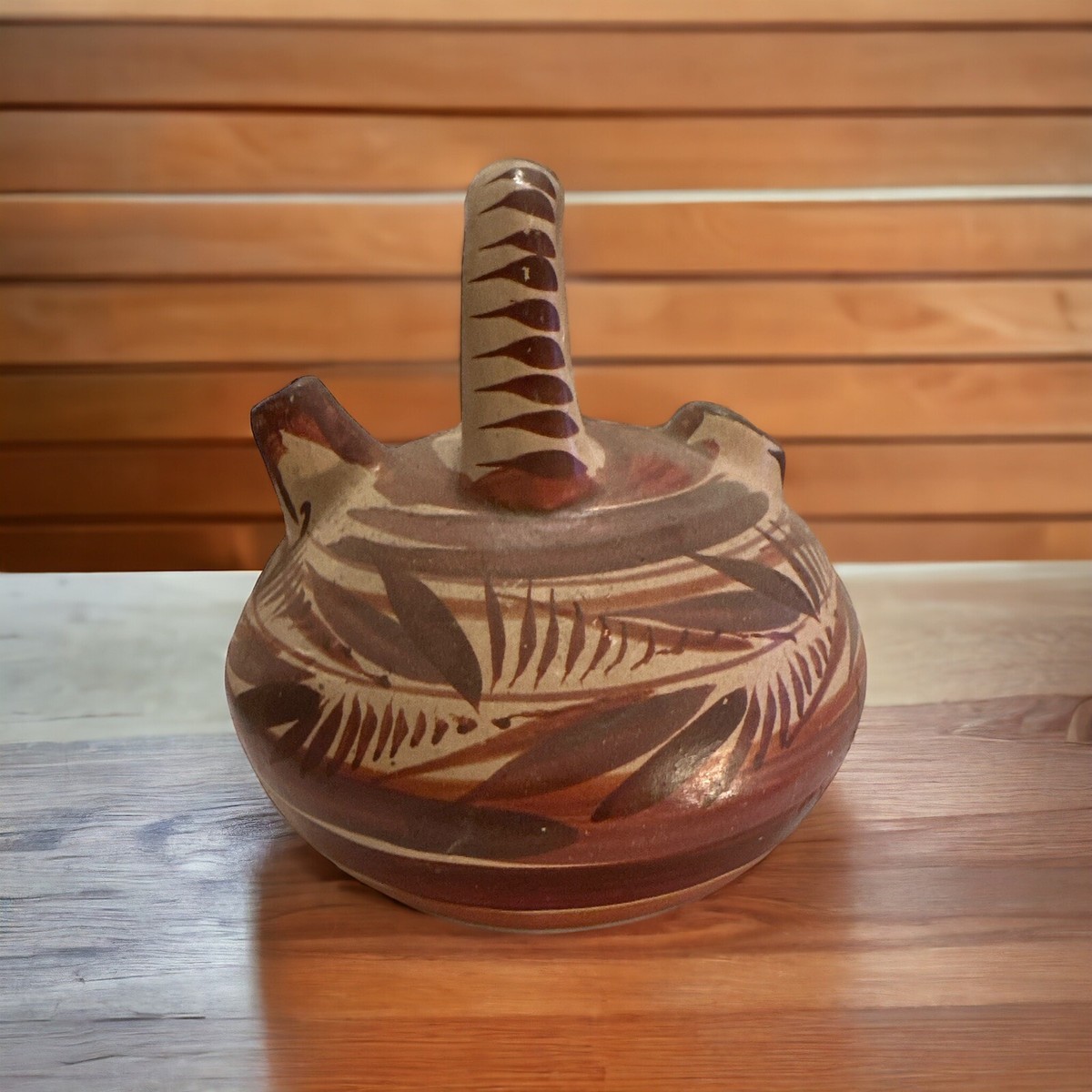 Vintage Mexican Hand Painted Pottery Clay Water Jug W/ Handle