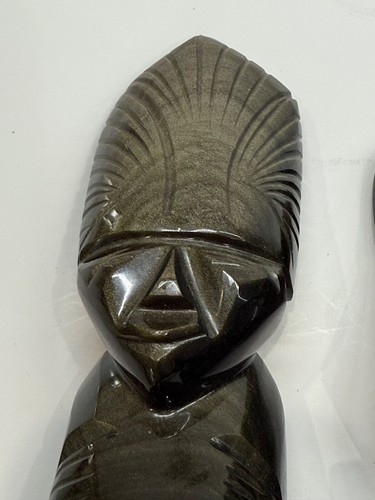 Lot of 2 Mayan Aztec Carved Obsidian Black Lava Stone Gold Sheen Satues - Picture 14 of 22