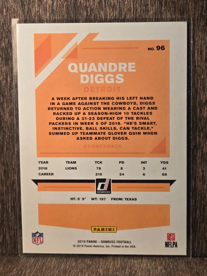 2019 Donruss Quandre Diggs #D /100 Silver Press Proof Lions SP - Image 2 of 2