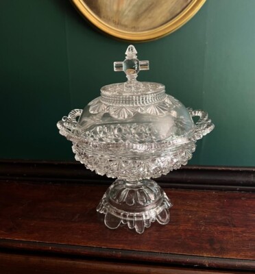 Vintage Pedestal Cut Glass Candy Dish Lidded Crystal Compote Elegant Pressed