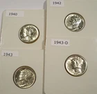 LOT OF 4 BU MERCURY DIMES 1940 1942 1943 1943-D 0.289 oz SILVER 10c