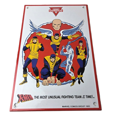 #ad Vintage Conoco Gasoline Sign X Men Comics Action Figure Porcelain Pump Sign $100.37