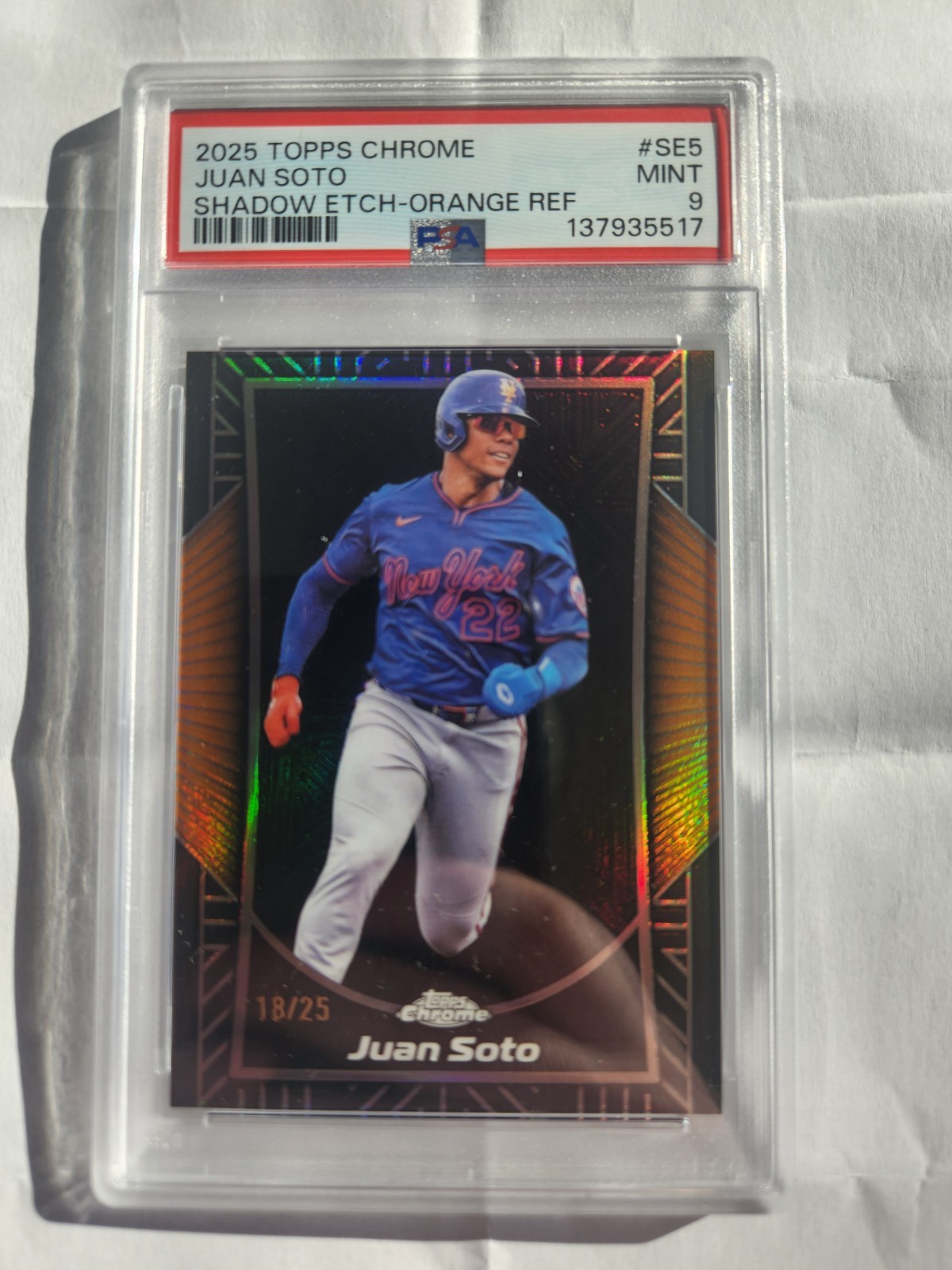 2025 Topps Chrome Baseball #SE-5 Juan Soto Shadow Etch Orange 12/25 Case Hit