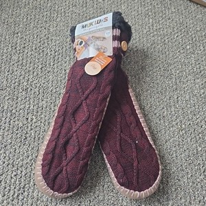 Muk Luks Women's Slipper Sox S/M 5-7 Maroon Warm Lined Knit Socks 