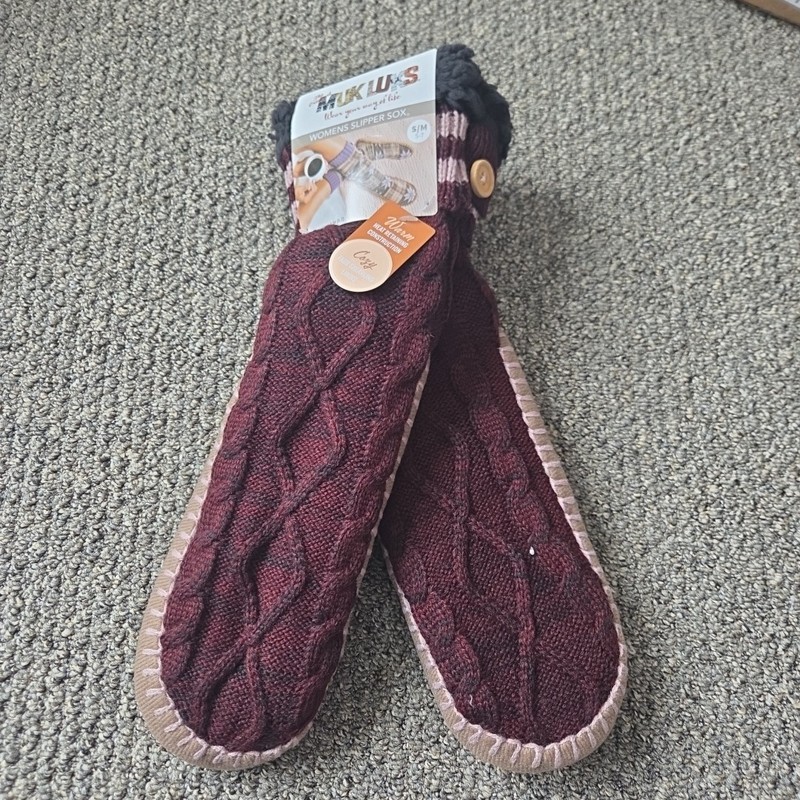 Muk Luks Women's Slipper Sox S/M 5-7 Maroon Warm Lined Knit Socks 