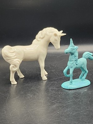 Set Of 2 Unicorns. 1993 Verdigris Metal PG Unicorn & White Porcelain Unmarked 
