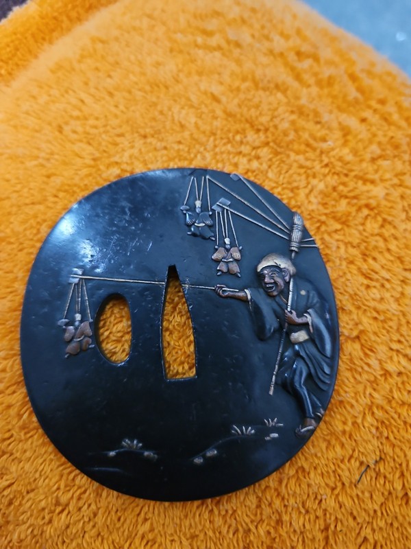 Kawamura Wakasiba Tsuba Iron Round Inlaid Landscape Edo Era Authentic
