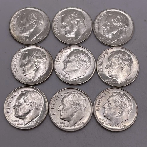 Lot of (9) 1962 Roosevelt Dime - All BU from a BU Roll Lot A