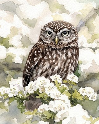 Wildlife Nature ''Little Owl in Blossoms'' w/c art print. Free Shipping  0681